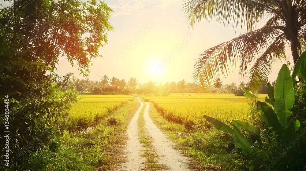 Fototapeta premium Serene Sunset Over Golden Rice Paddy Field with Dirt Road