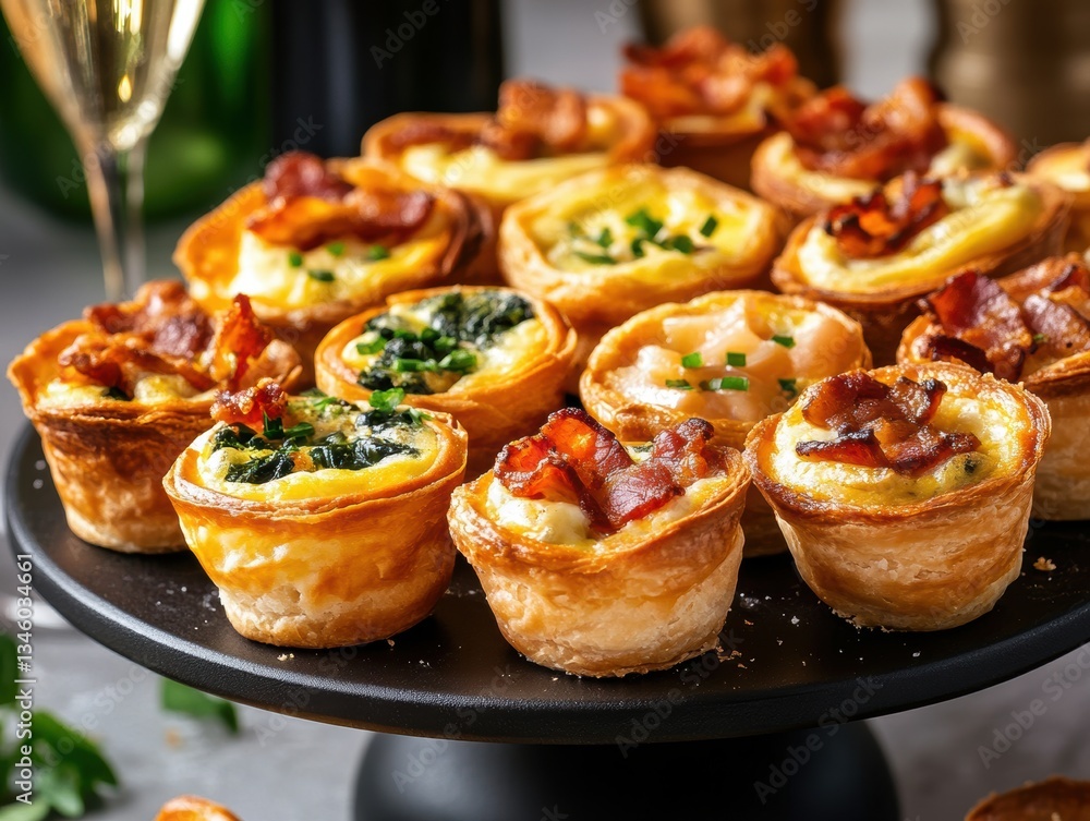 Assorted mini quiches arranged elegantly on a black platter for a festive gathering at evening event Assorted mini quiches arranged elegantly on a black platter for a festive gathering at evening event