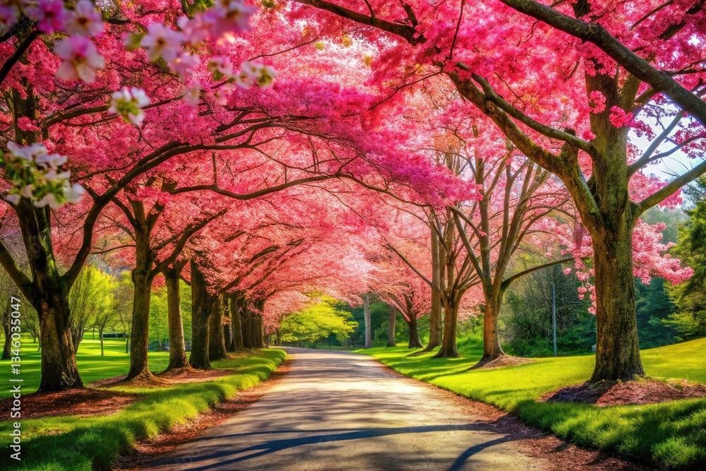 Naklejka premium Dogwood Tree Walkway: Spring Park Photography, Blooming Dogwood Trees, Candid Photos, Nature Walk, Pathway Pictures