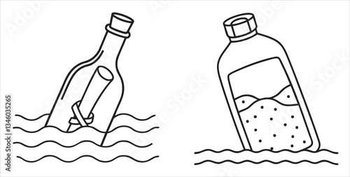 Message in a bottle and a beverage bottle floating in water.