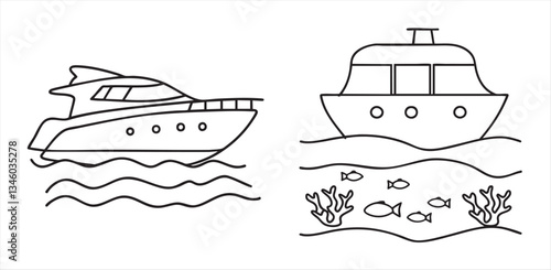 Two line-drawn boats floating on water with fish and coral underneath.