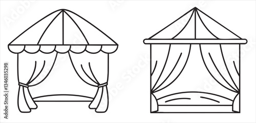 Two decorative cabana with canopies and curtains in a simple design.