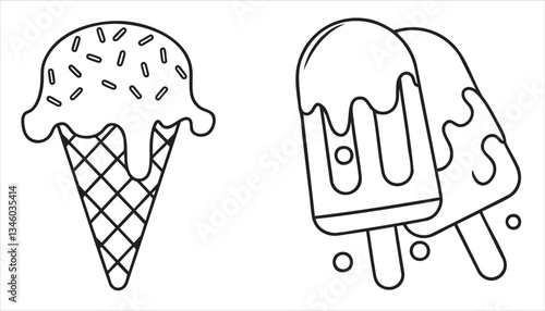 Ice cream cone and popsicle illustration in black and white.