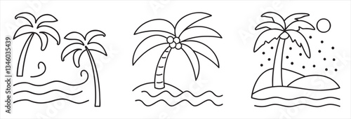 Three simple line drawings of palm trees by the water with sun elements.