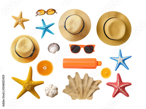 A flat lay summer arrangement featuring straw hats, sunglasses, starfish, seashells, oranges, and a sunscreen bottle on a white background. The objects are harmoniously arranged