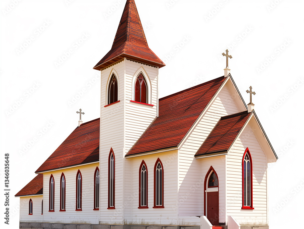 Fototapeta premium Faithful Haven: A charming white church with a striking red roof and steeple stands tall, its symmetrical design creating a sense of peace, spirituality and hope.