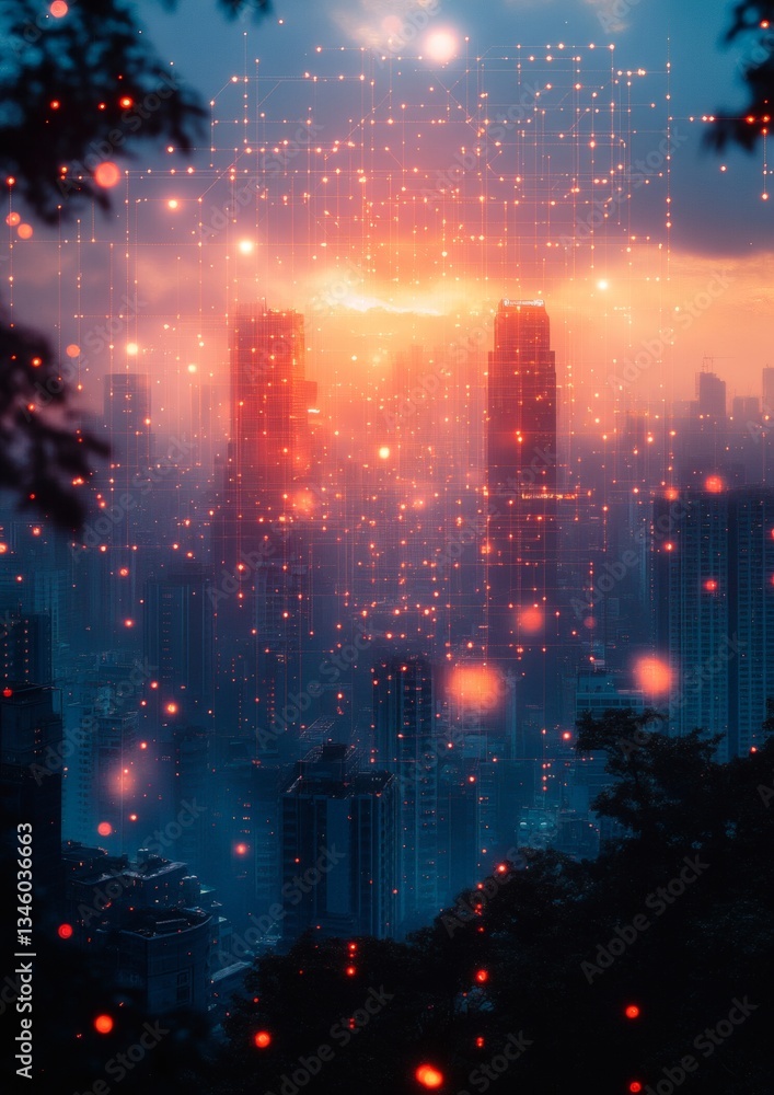 Fototapeta premium A cityscape with a bright orange sun in the background