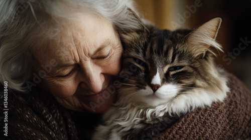 Wallpaper Mural Senior woman cuddling a fluffy tabby cat, eyes closed, wearing brown knitwear. Evokes feelings of companionship, love, and comfort in the golden years. Torontodigital.ca