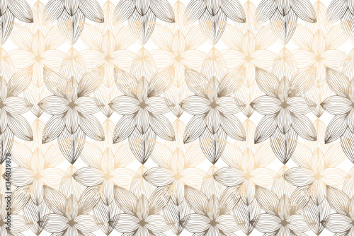 Luxury gold vector trellis art deco with abstract tropical leaves background. Floral seamless pattern with linocut hand drawn flowers isolated transparent background. EPS 10