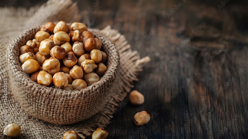 Roasted chickpeas overflowing from burlap sack on rustic wooden table Roasted chickpeas overflowing from burlap sack on rustic wooden table