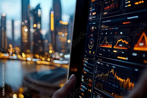 Explore the seamless integration of real-time cloud computing analytics into a thriving smart city, showcasing dynamic virtual dashboards and cutting-edge futuristic UI elements Witness the power of