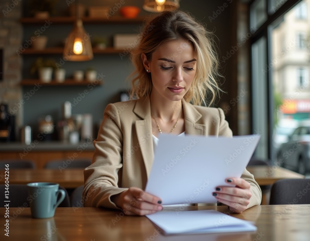 Determined woman entrepreneur analyzing important business documents in a cozy café environment, demonstrating focus and dedication while working remotely with a laptop and coffee Determined woman entrepreneur analyzing important business documents in a cozy café environment, demonstrating focus and dedication while working remotely with a laptop and coffee
