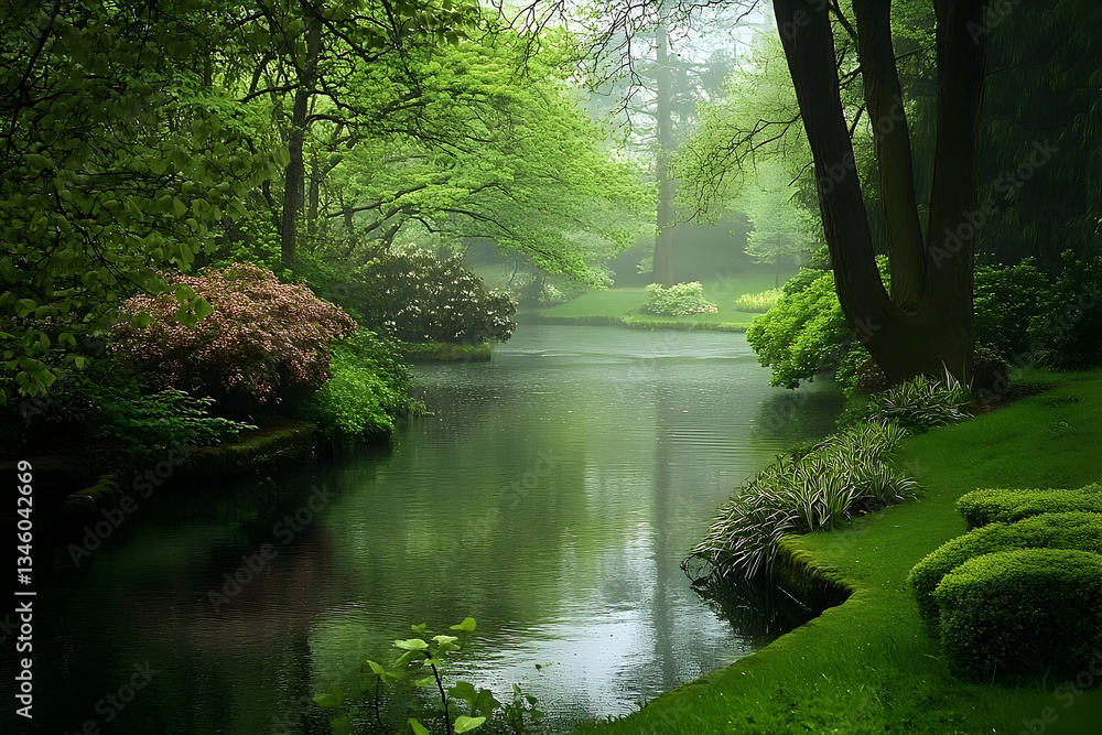 Obraz premium Serene Lakeside Vista: Lush Greenery and Tranquil Reflections in a Verdant Oasis