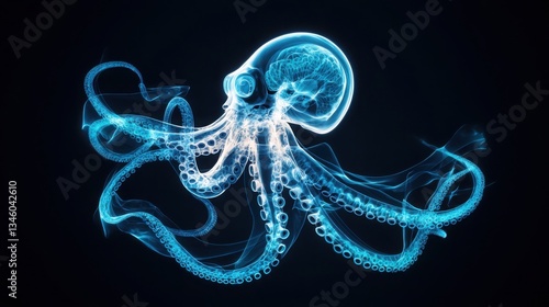Transparent Skeletal Anatomy of an Octopus in Radiant Blue Light