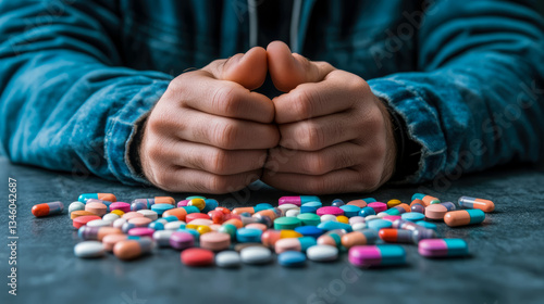 Medication Overdose Concept: Facing Pills on Table, Pills Addiction Awareness