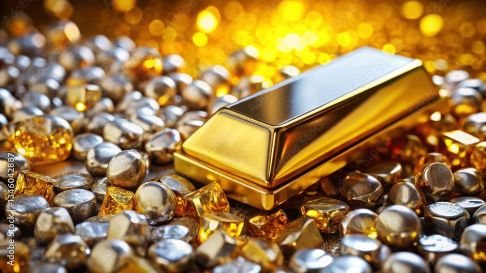 Shiny Gold Bar Surrounded by Silver Gems and Glittering Background Shiny Gold Bar Surrounded by Silver Gems and Glittering Background