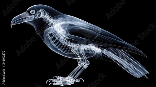 Detailed X-ray Image of a Raven Skeleton Showing Bone Structure and Transparency
