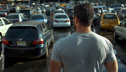 Feeling Lost Capturing the universal frustration of A confused pedestrian searching for their car in an expansive multi-level parking lot This image portrays the relatable struggle of navigating