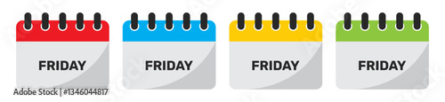 Friday calendar icon set in red, blue, yellow and green. Set of flat friday calendar icons isolated on a white background.