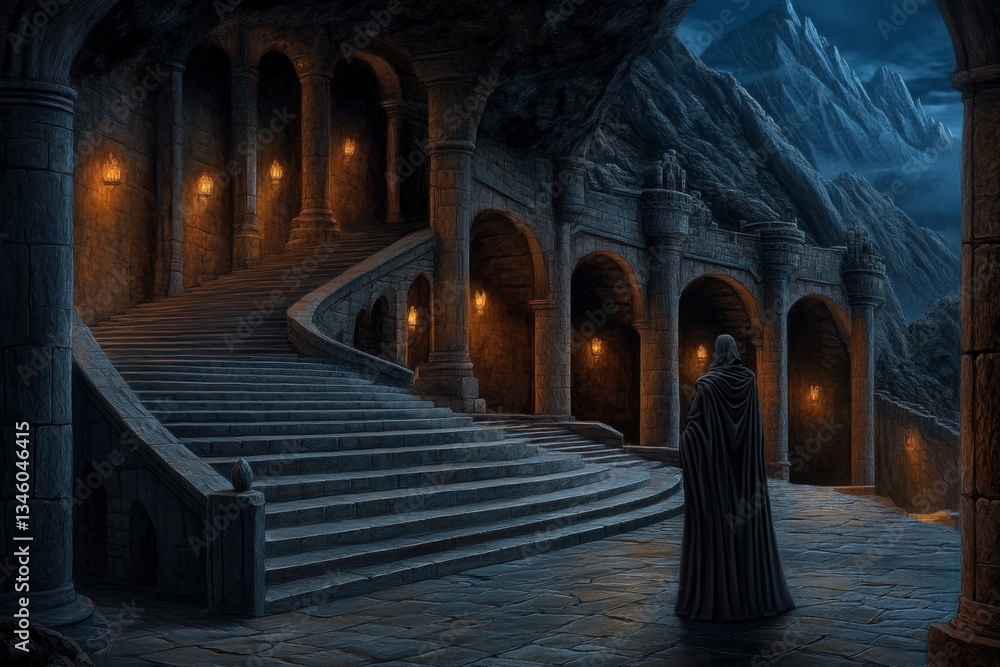 Obraz premium A hidden underground dwarven city in progress, workers sculpting intricate stone halls deep inside a mountain