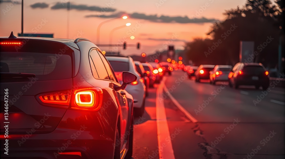 Fototapeta premium Evening traffic jam on urban highway during sunset with vibrant sky colors and illuminated brake lights