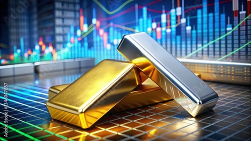Gold and Silver Bars on Stock Market Graph Background Visuals