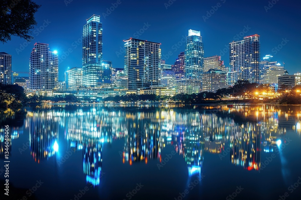 Obraz premium Urban Exploration: Cityscape at night with vibrant lights, reflecting the energetic and dynamic city lifestyle.