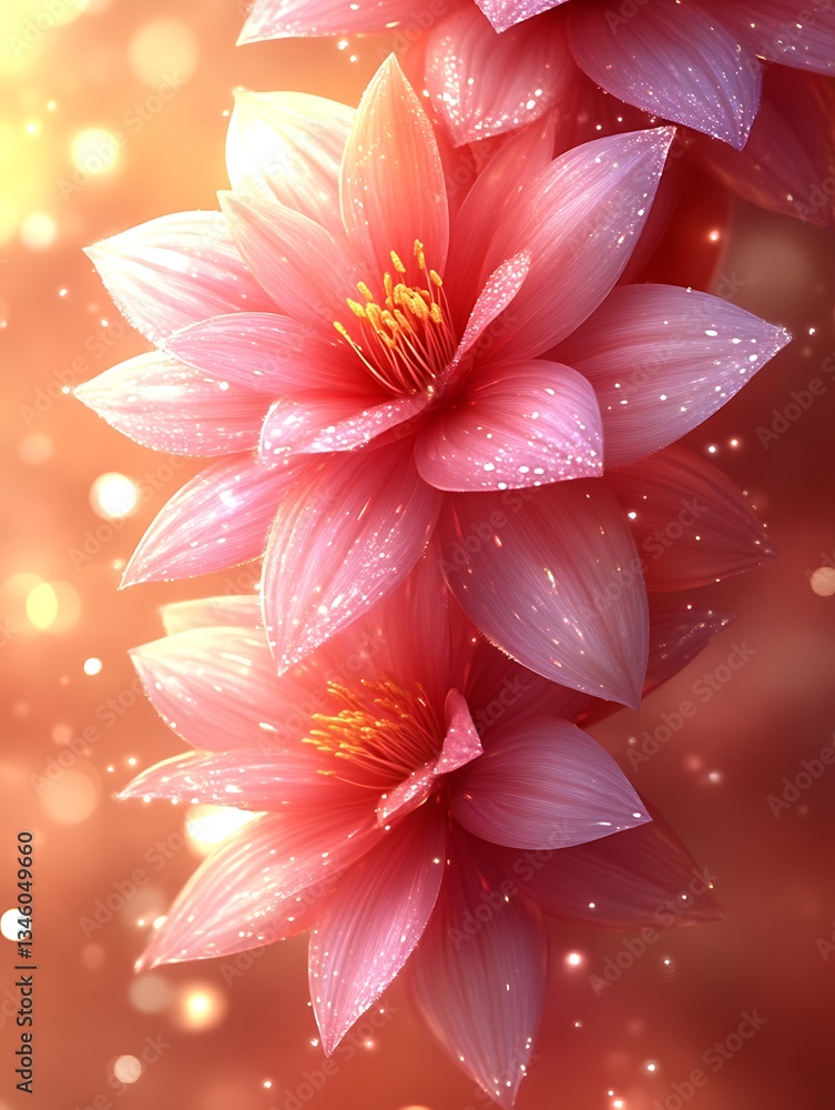 Fototapeta premium Dewy pink flowers with bokeh background.