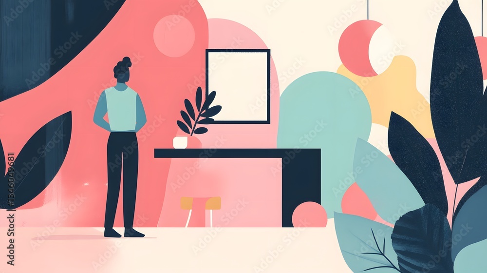 Young person contemplating blank frame in modern and minimalist home interior Young person contemplating blank frame in modern and minimalist home interior