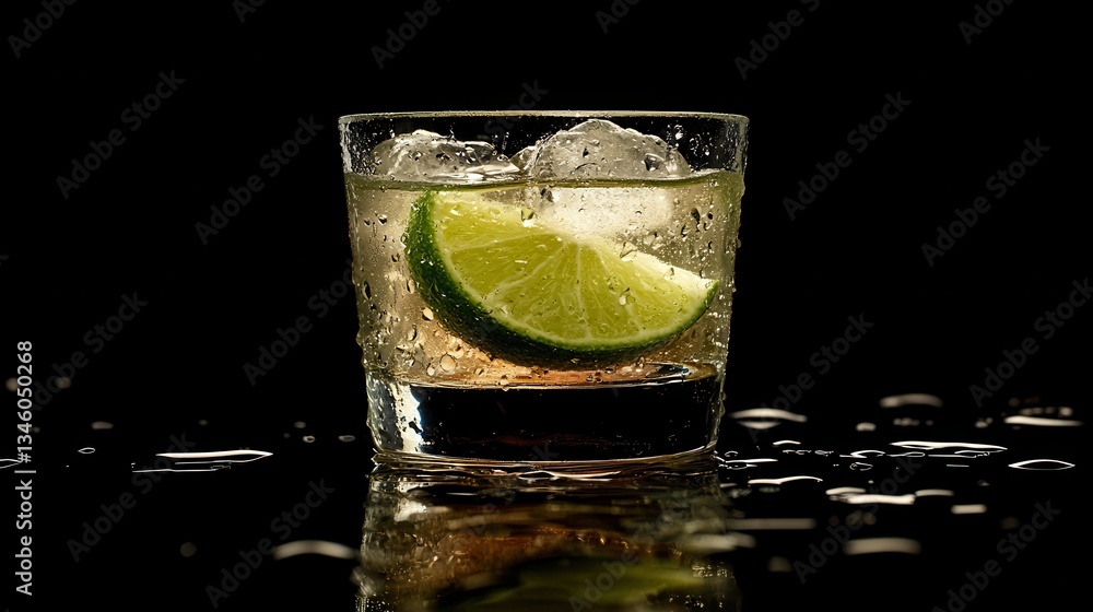 Fototapeta premium Refreshing Gin and Tonic Cocktail with Lime Slice on Reflective Surface