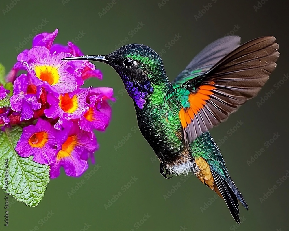 Obraz premium Vibrant hummingbird feeding on purple flowers.