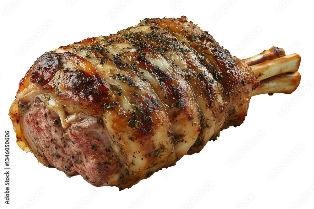 PNG cut out isolated background. A close-up of a roasted lamb shank with a golden-brown crust, infused with herbs and seasoning. PNG cut out isolated background. A close-up of a roasted lamb shank with a golden-brown crust, infused with herbs and seasoning.