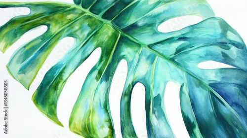 Watercolor Monstera Leaf  in Blue and Green on White Background
