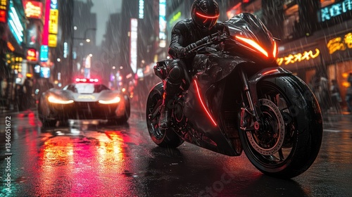 Futuristic motorcycle rider in neon-lit cityscape during rain, police car pursuing in background