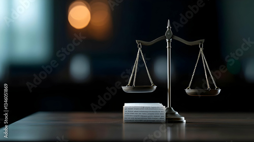 Justice Scale On Wooden Table With Blurred Background