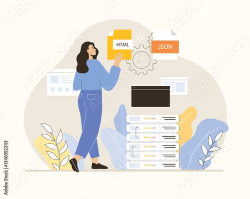Web scraping concept. Technology for collecting data from web pages. Extracting content and data from websites in different formats. Flat vector illustration.