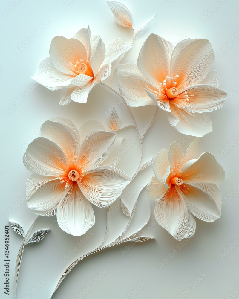 colorful, layered paper quilling technique Delicate, handcrafted white and peach paper flowers arranged beautifully. colorful, layered paper quilling technique Delicate, handcrafted white and peach paper flowers arranged beautifully.
