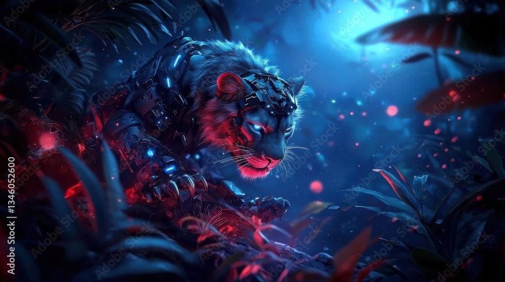 Fototapeta premium Futuristic Armored Lion with Augmented Claws in a Vibrant Jungle Environment