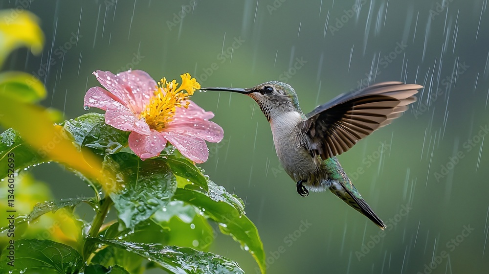 Naklejka premium Hummingbird feeding on flower in rain.