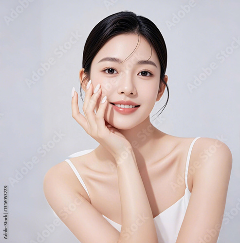 美容院海报模特，皮肤白皙，一只手托着脸。