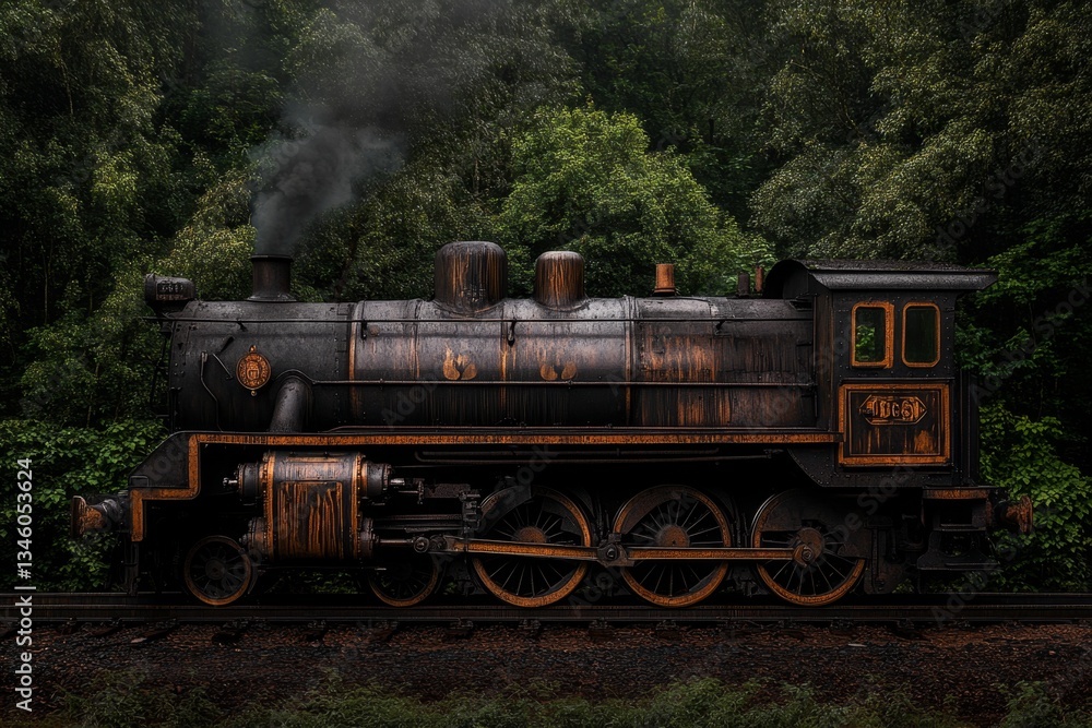 Fototapeta premium A massive diesel locomotive engine, covered in soot and grease, showing years of operation