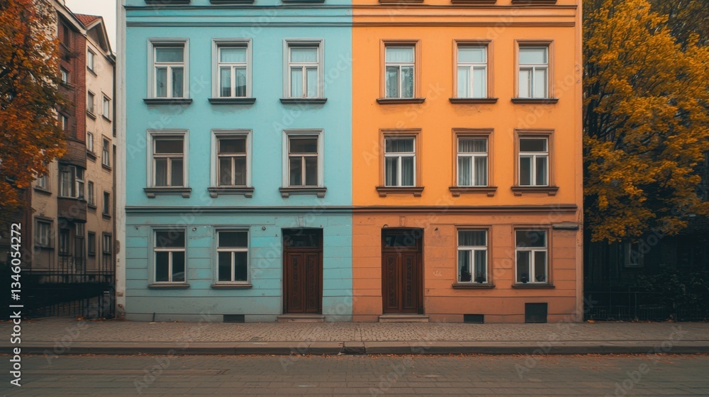 Two Distinctive Facades of Urban Buildings Showcasing Colorful Exterior Designs with Trees and Pavement in a Quaint Neighborhood Setting Two Distinctive Facades of Urban Buildings Showcasing Colorful Exterior Designs with Trees and Pavement in a Quaint Neighborhood Setting