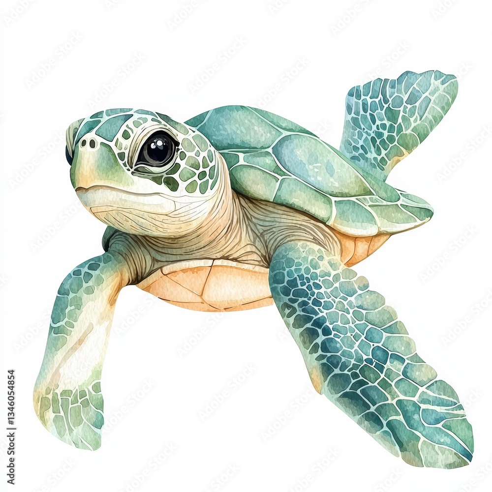 Fototapeta premium Cute Sea Turtle Watercolor Clipart in Seafoam Green and Pastel Peach Palette for Tropical Birthday Stationery and Kids Party Designs Watercolor, Vector Design