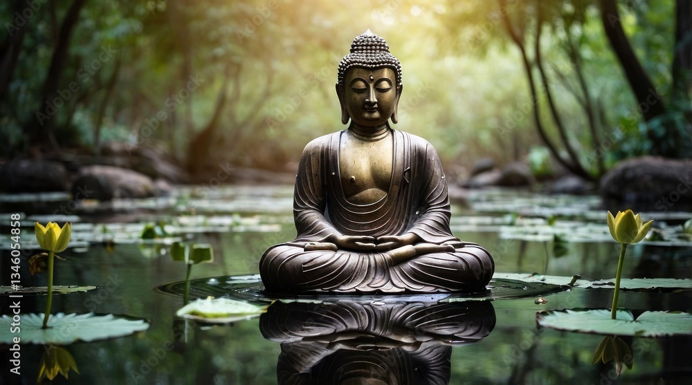 Serene Buddha Statue in Peaceful Pond Landscape Serene Buddha Statue in Peaceful Pond Landscape