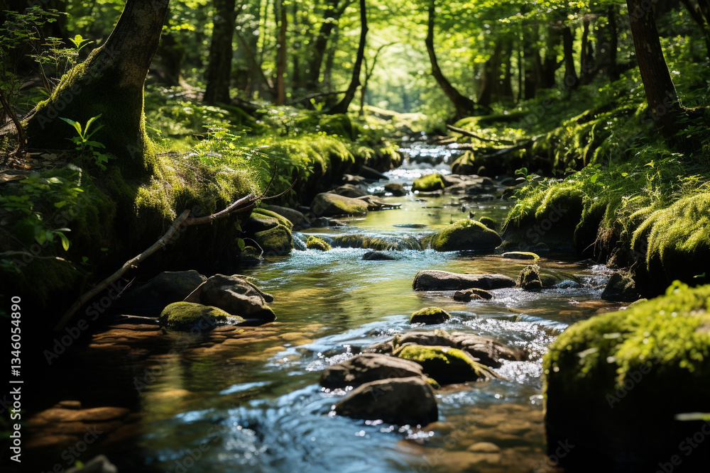 A serene and welcoming image of a meandering brook flowing through a woodland, showcasing gentle rays of sunlight seeping through foliage and creating a display on stream tranquil surface A serene and welcoming image of a meandering brook flowing through a woodland, showcasing gentle rays of sunlight seeping through foliage and creating a display on stream tranquil surface