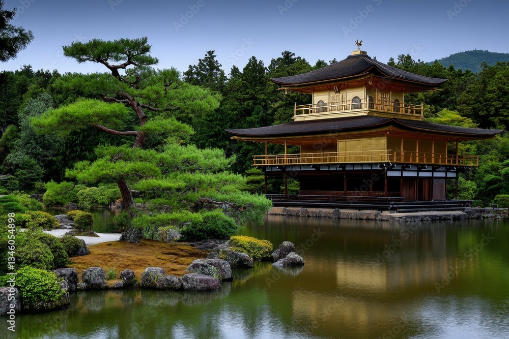 A minimalist Japanese Zen-style composition featuring only the essential lines and reflections of the Golden Pavilion A minimalist Japanese Zen-style composition featuring only the essential lines and reflections of the Golden Pavilion