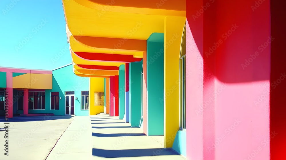 Fototapeta premium Colorful modern building exterior with vivid colors and shadows