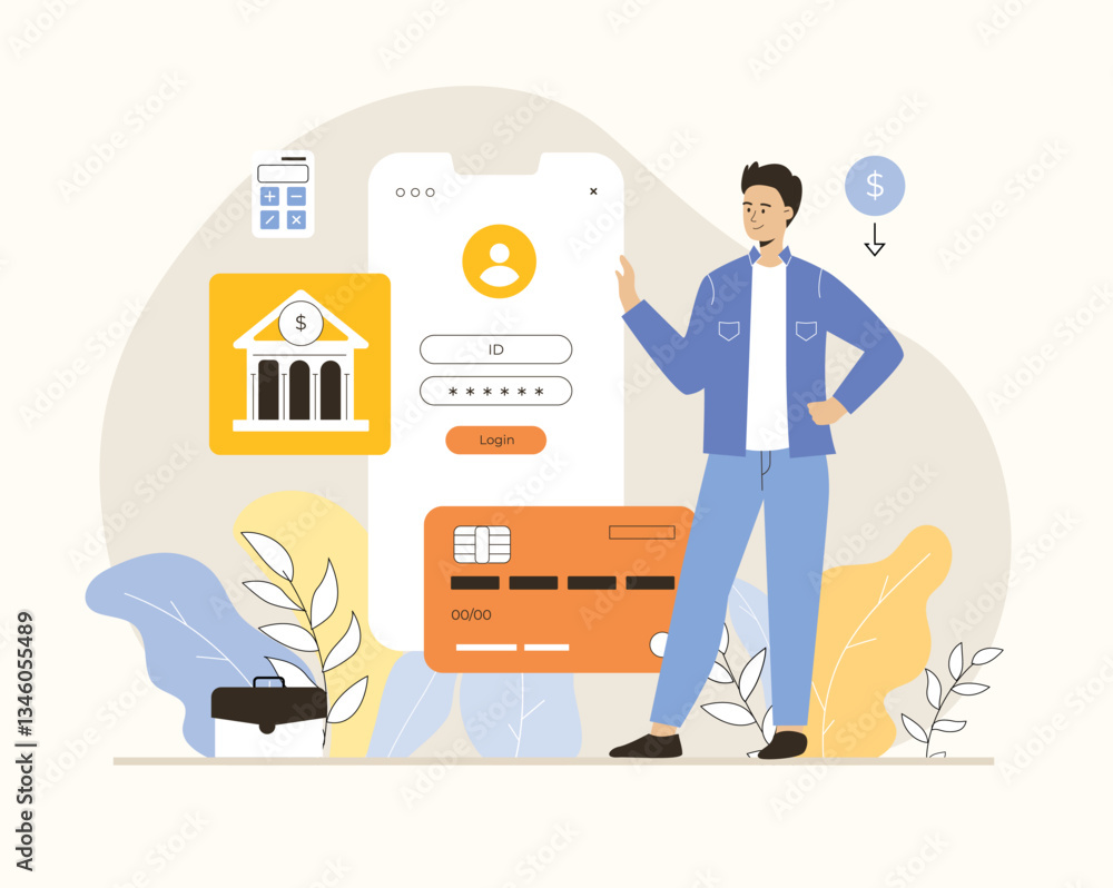 Mobile banking app. Online money transfers and transactions. Man with credit card and login page on smartphone screen. Flat vector illustration. Mobile banking app. Online money transfers and transactions. Man with credit card and login page on smartphone screen. Flat vector illustration.