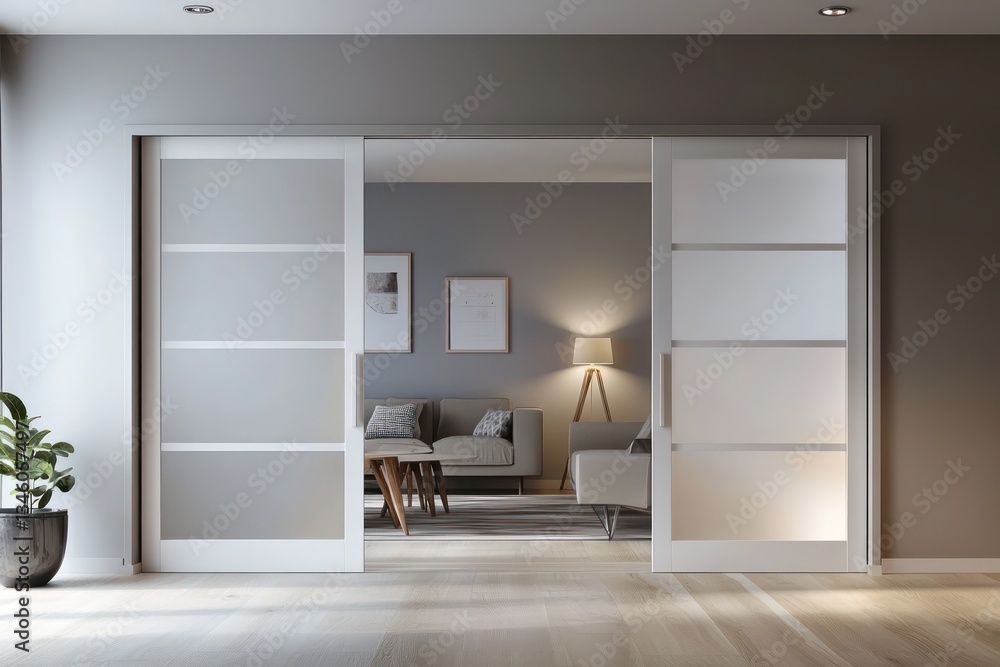 Minimalist Scandinavian gallery office with soft lighting, sliding doors, and clean design, ideal for modern advertising showcases.