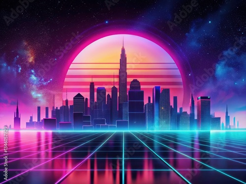 Holographic Skyline Wallpaper: Iridescent Neon Gradient Mesh Background, Retro Abstract Banner Design